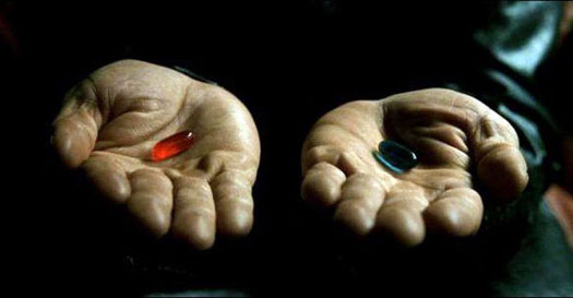 Morpheus offering the red and the blue pill